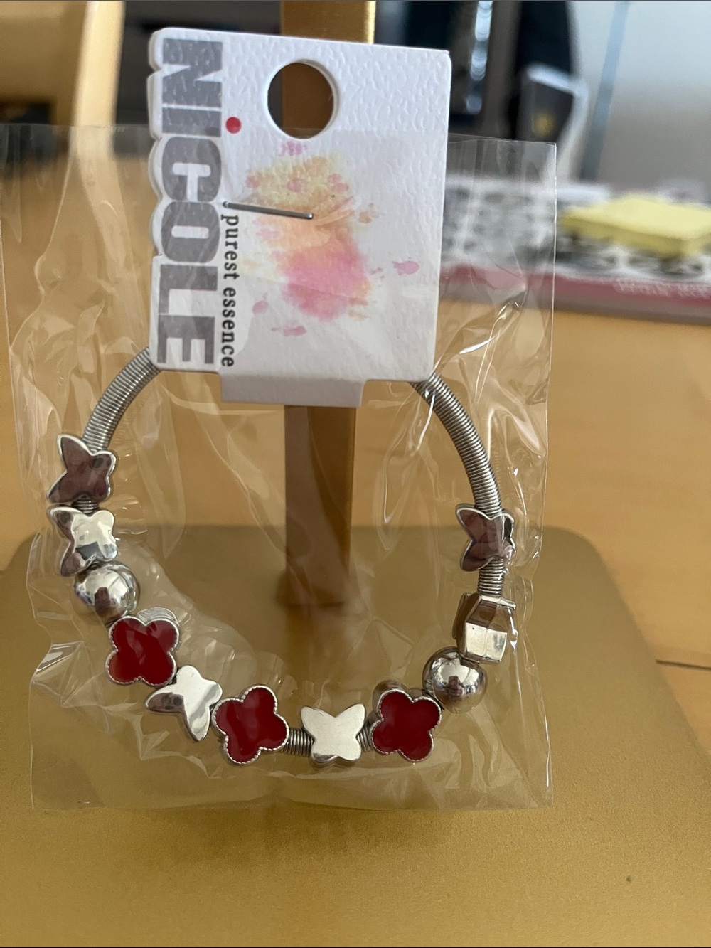 Nicole Silver-Tone Bracelet with Red and White Clover Charms